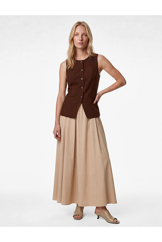 Crew Neck Buttoned Vest Detail Sleeveless A-Line Long Dress