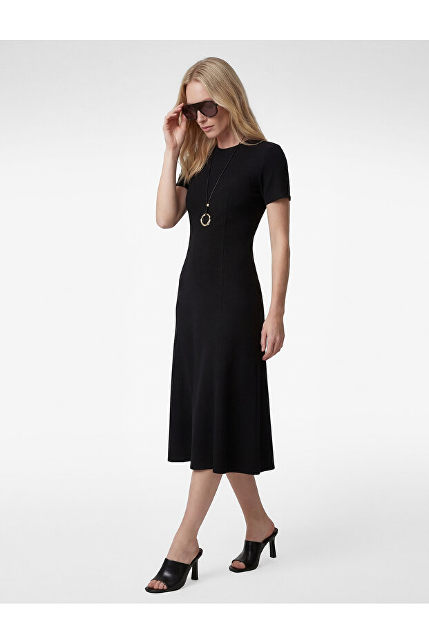 Crepe Scuba Fabric Slim Fit Short Sleeve Crew Neck Midi Flared Dress
