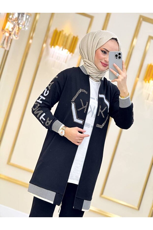 Women's Hijab Suit 3 Pieces , Two Yarn Fabric N-05113 _ Black