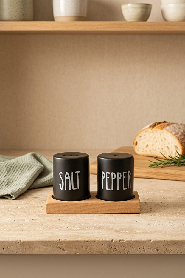 Printed Ceramic Salt and Pepper Shaker Set - Matte Black - with Natural Wooden Stand