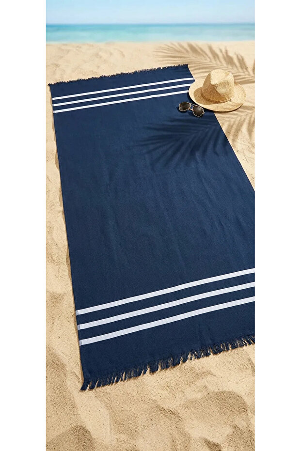 Navy Blue 100x200cm Fringed Stripe Detailed Beach Towel