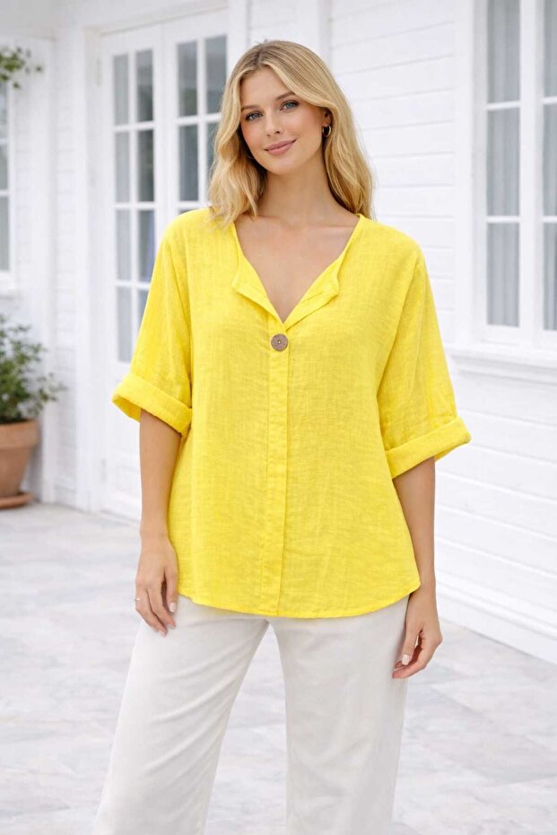Women's V-Neck Button Detailed Three-Quarter Sleeve Italian Blouse