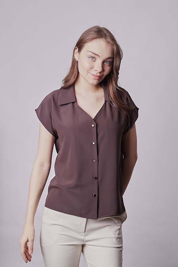 Women's Crepe Fabric Drop-Shoulder Collared V-Neck Short Sleeve Shirt-Brown