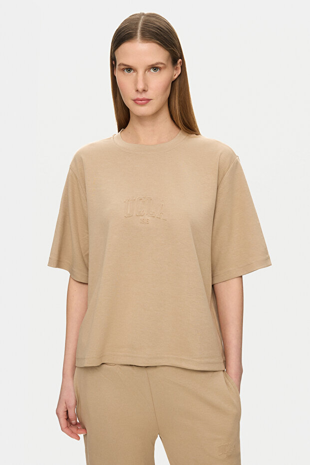 Jayla Dark Beige Crew Neck Seersucker Printed Soft Textured Modal Fabric Loose Fit Women's Tshirt