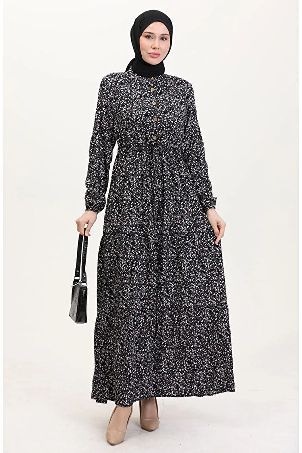 Viscose Fabric Half Button Patterned Dress 0037-02 Black