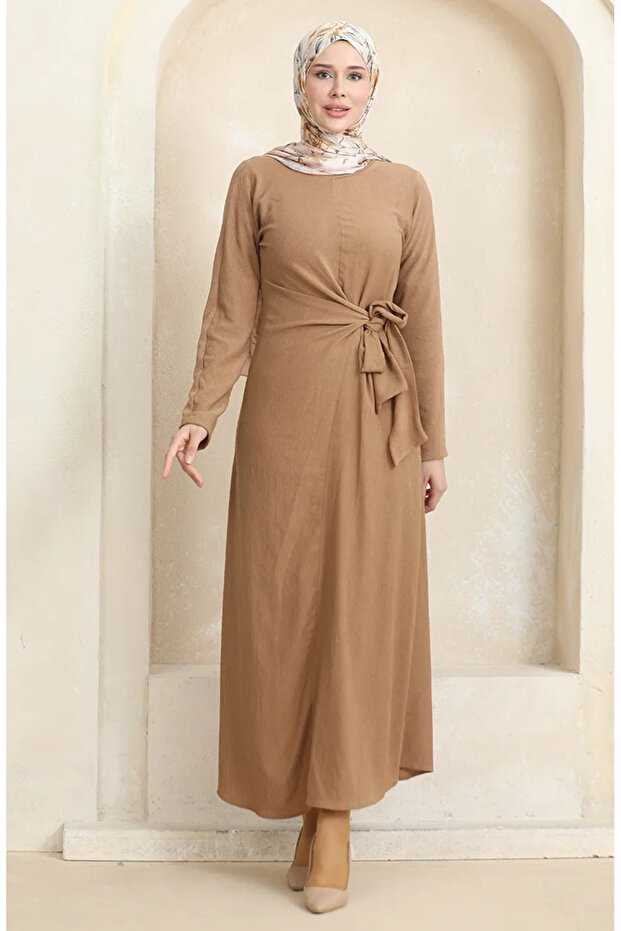 Bürümcük fabric side tied dress 1017-01 milky coffee