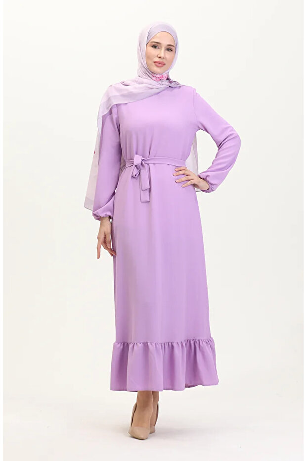 Elastic sleeve belted dress 1015-07 lilac