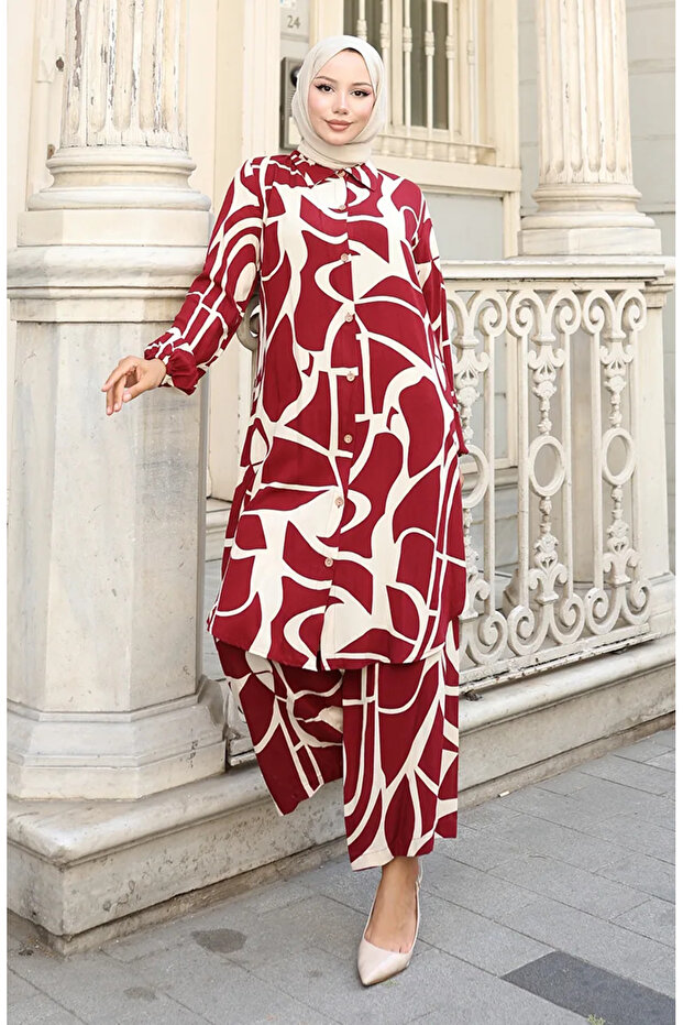Viscose Fabric Tunic Trousers Double Set 0143-04 Claret Red