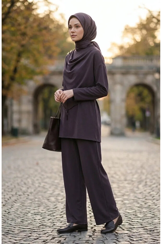 Star Detailed Draped Tunic Trousers Double Set 2209-03 Gray