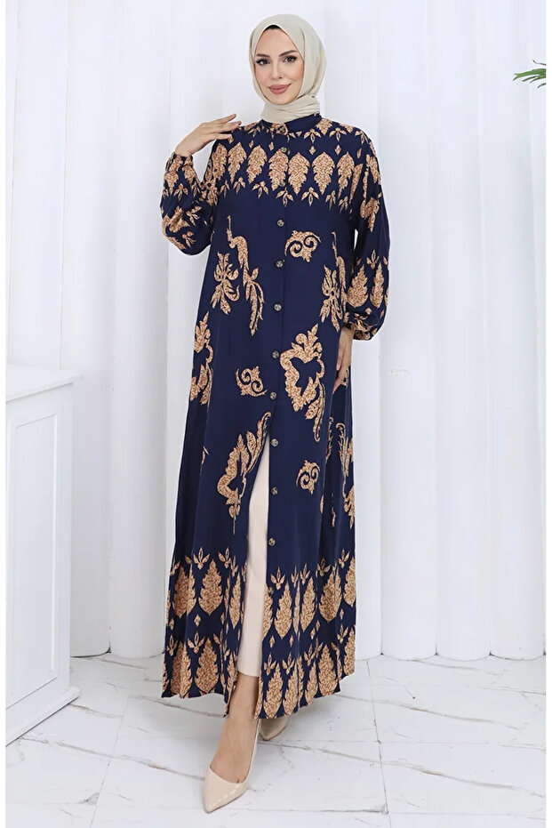 Patterned Buttoned Dress 2125-04 Navy Blue Beige