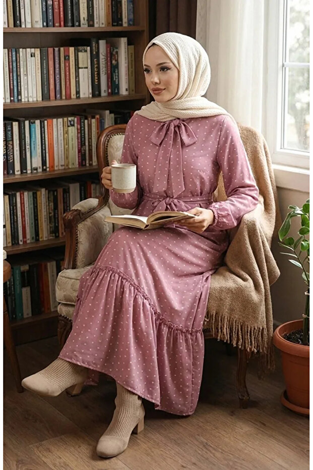 Pit patterned belted dress 0383-03 dusty rose