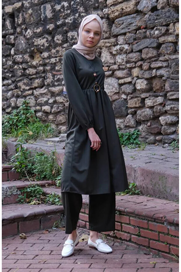Tunic pants double set with necklace 0583-07 khaki