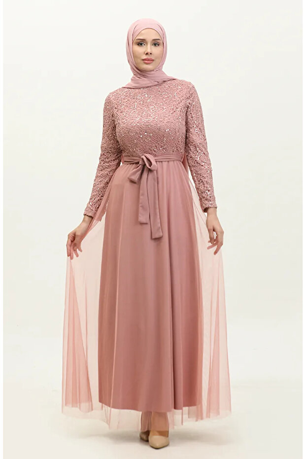 Lace belted evening dress 5353a-20 dark powder