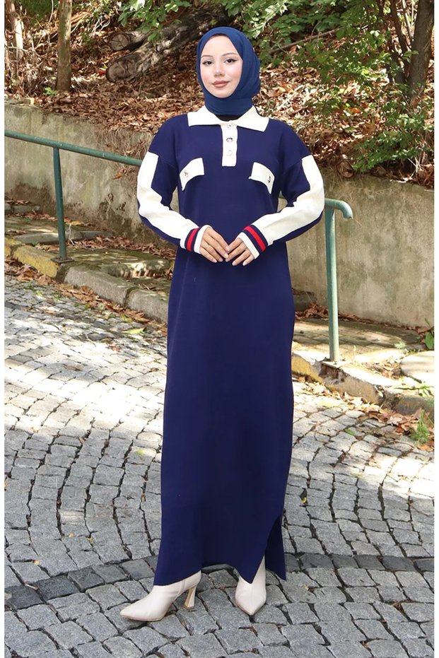 Knitwear Polo Neck Pocket Detailed Dress 0507-05 Navy Blue