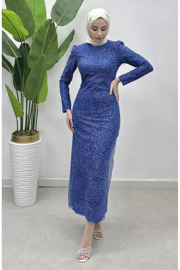 Glittery tulle evening dress 5517-01 cobalt blue