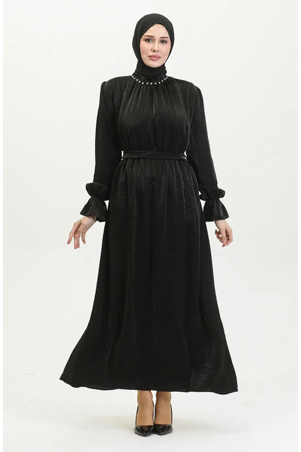 Glittery Linen Belted Dress 81853-03 Black