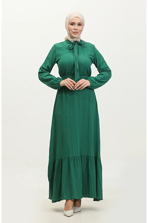 Saree tie collar skirt pleated dress 0357-06 emerald green