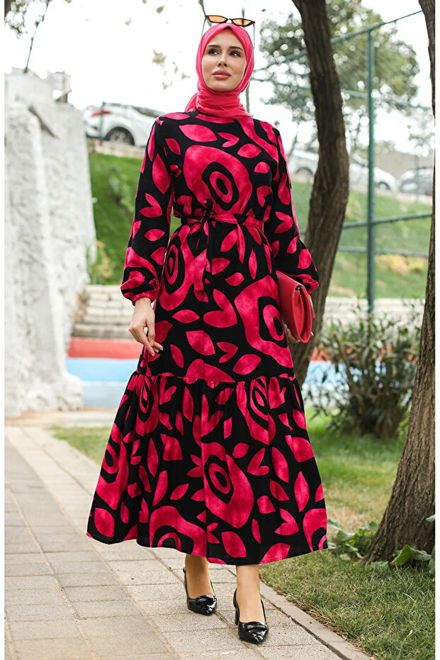 Ribbed detailed belted viscose dress 0446-02 fuchsia
