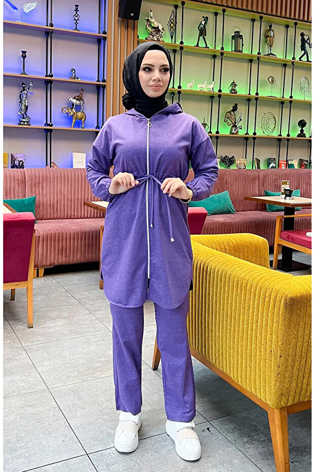 بدلة رياضية بخصر مطوي بخيطين 03070-08 أرجواني داكن