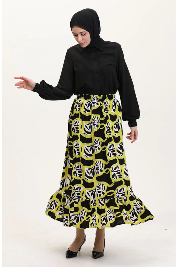 Viscose Fabric Elastic Waist Ruffle Skirt 2012P-01 Black Oil Green