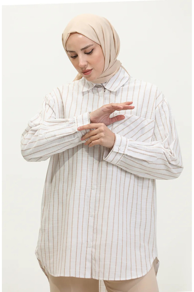 Linen blended striped shirt 4818-03 mink