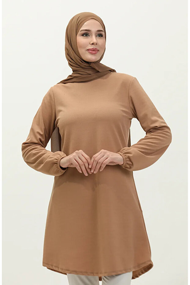 تونيك بني حليبي - أطراف أكمام مطاطية، موديل 8663-01
