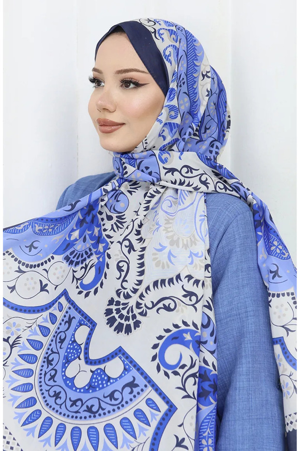 شال ناعم منقوش 70314-18 كريمي أزرق داكن