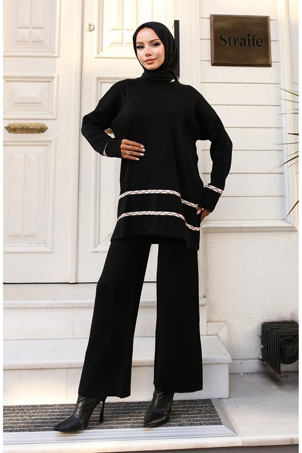 Sewn Detailed Knitwear Set 24029-03 Black