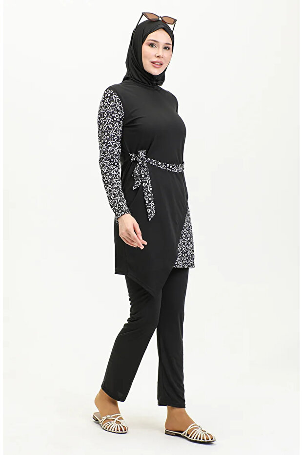 Asymmetrical Cut 4-Piece Belted Hijab Swimsuit 2490-01 Black