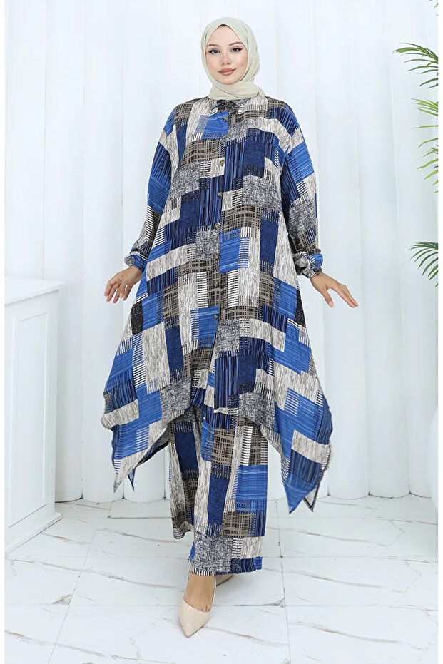Viscose Fabric Tunic Trousers Double Set 2139-04 Indigo Mink