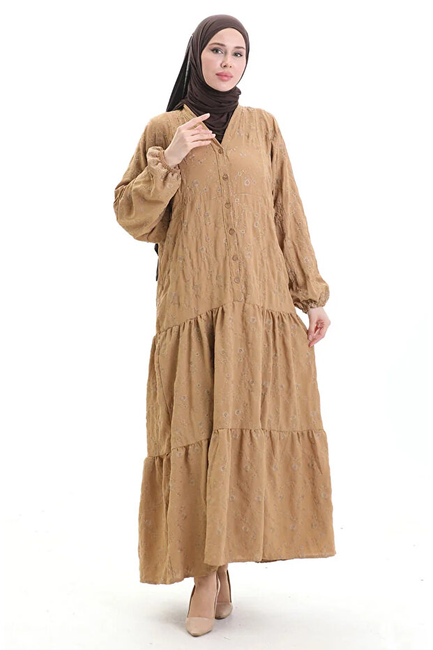 Embroidery Embroidered Half Button Dress 0059-06 Milky Coffee