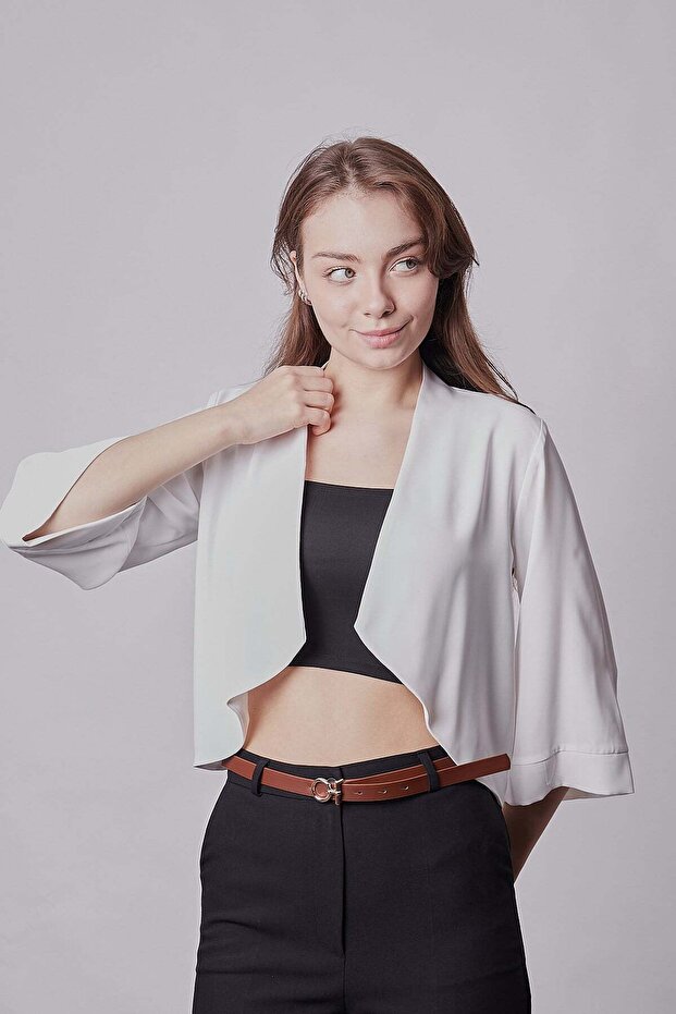 Women's Shawl Collar Capri Sleeve Cardigan Jacket with Elastic Back - Cream