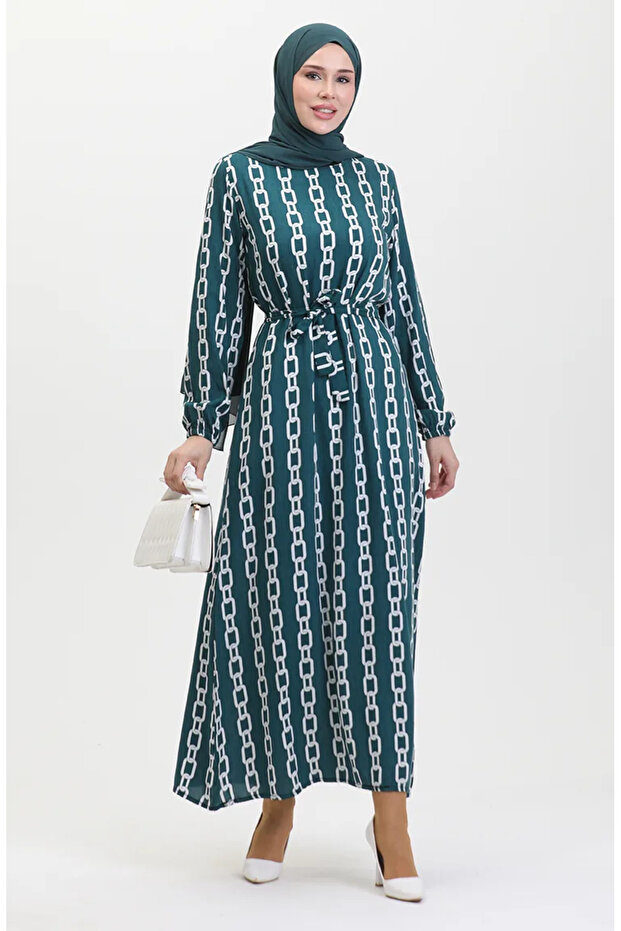Green Chain Patterned Rubber Sleeve Dress - 0453-04