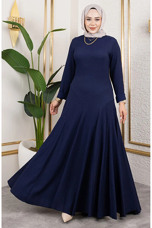 Volan Detailed Wrinkled Dress 7132-02 Navy Blue