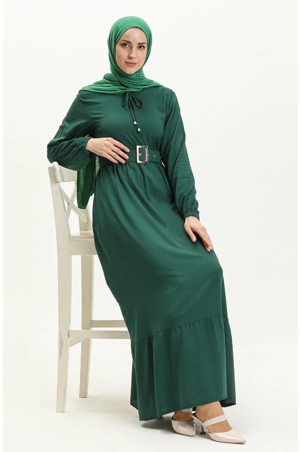 Viscose Belted Gathered Dress 2202-01 Emerald Green