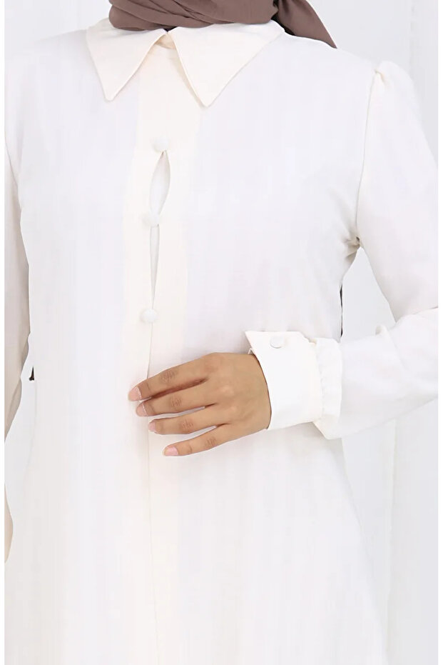 Printed Buttoned Tunic 1102-07 Ecru - 4
