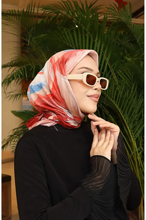 وشاح قطني منقوش 70334-03 أحمر طيني