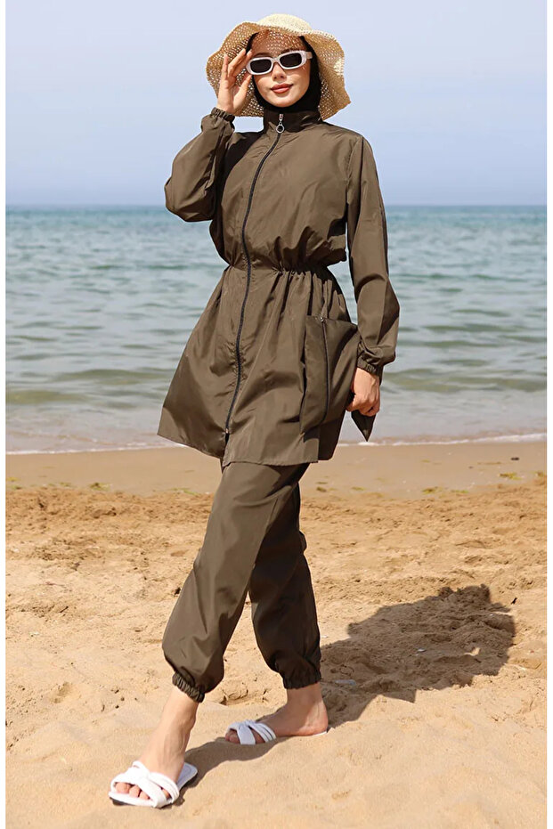 Hijab Hijab Swimsuit with Adjustable Waist and Functional Bag 5035-04 Khaki