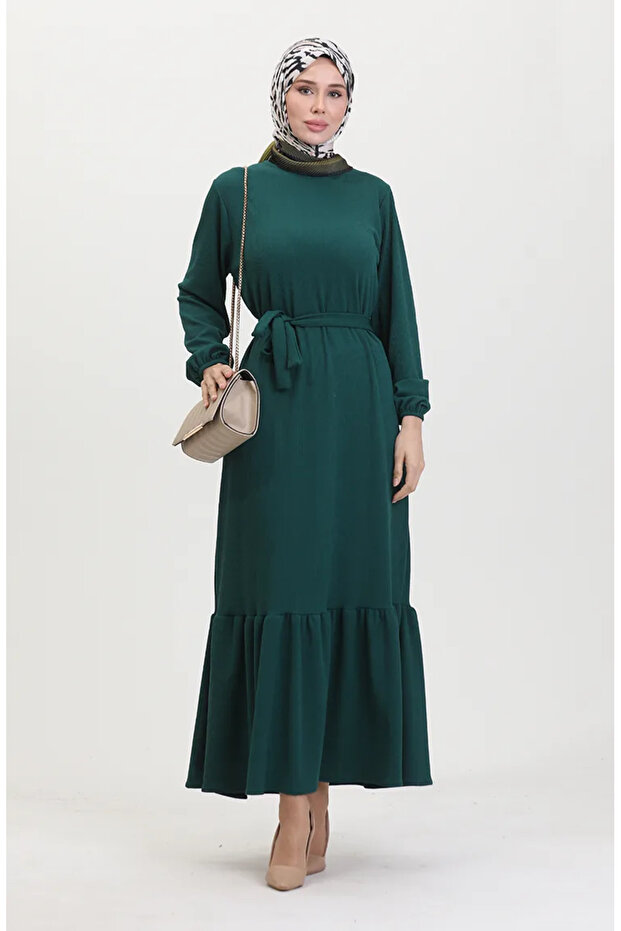 Twist Fabric Ribbed Ruffled Dress 0528-05 Emerald Green