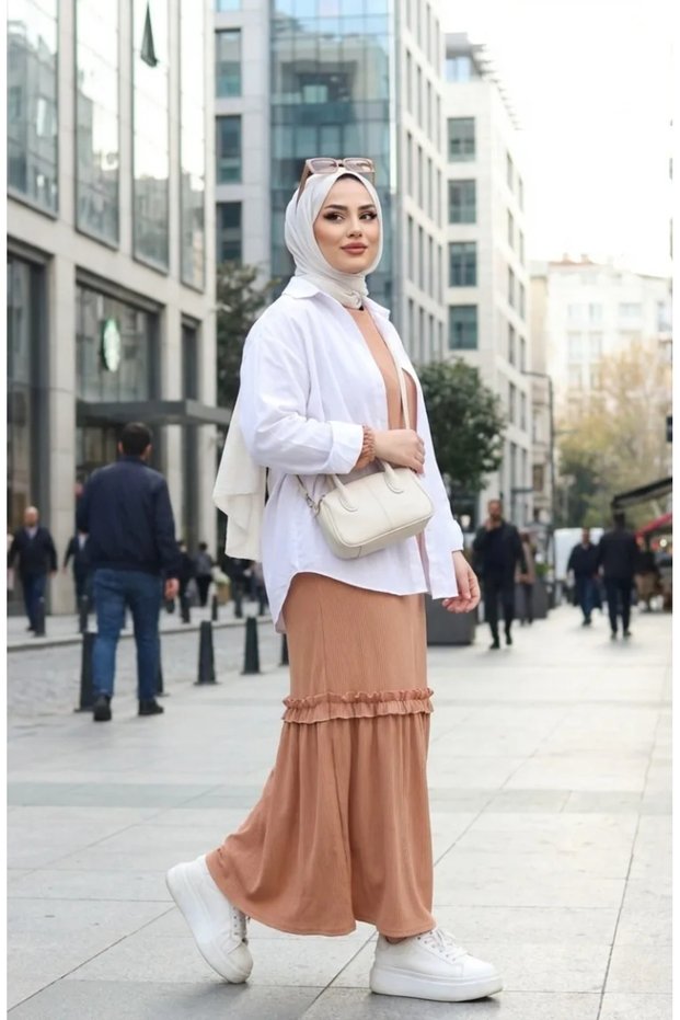 Pleated Hijab Dress 2186-03 Milky Coffee