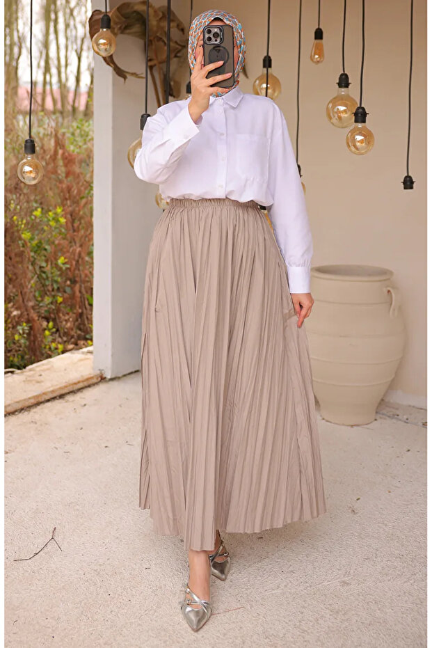 Elastic Waist Pleated Skirt 71268-05 Beige