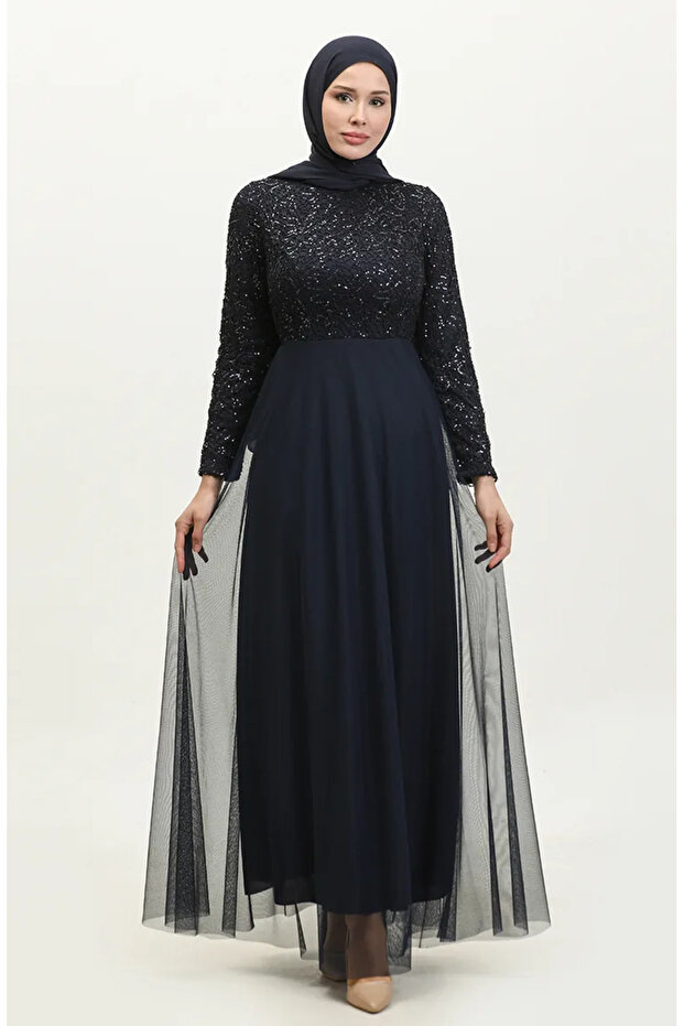 Lace belted evening dress 5353a-11 navy blue