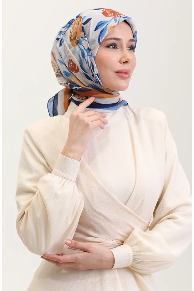 وشاح قطني منقوش 2074-01 خردل أزرق داكن