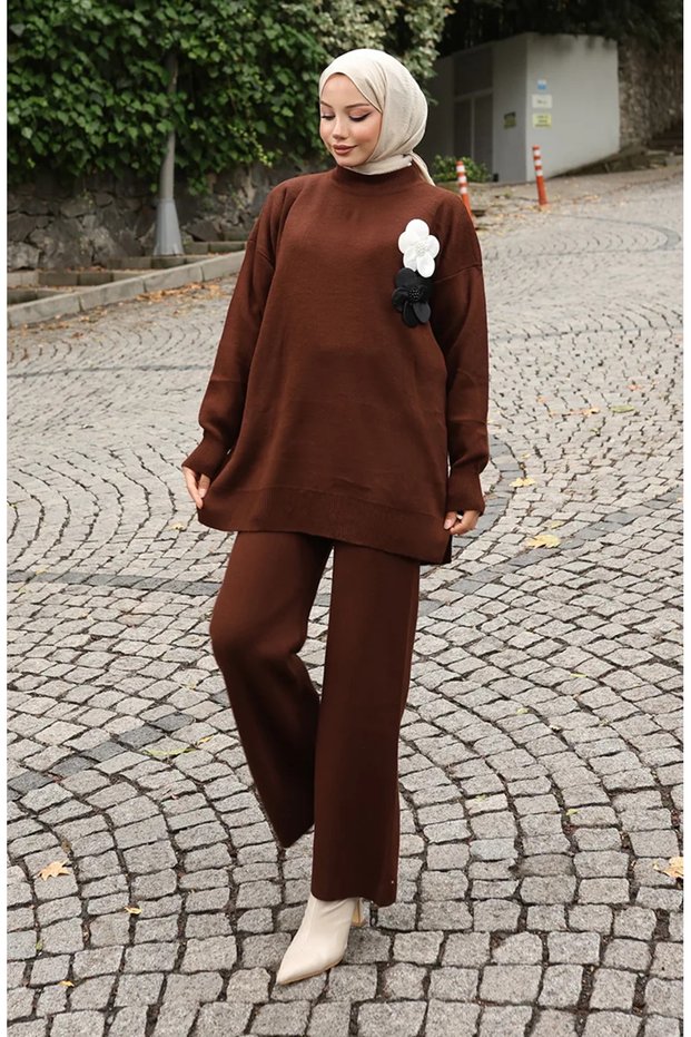 Knitwear Turtleneck Tunic Trousers Double Suit 1015-05 Brown