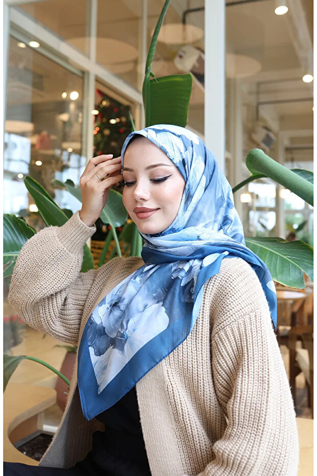 Floral patterned cotton cocoon scarf 70333-05 light petrol grey