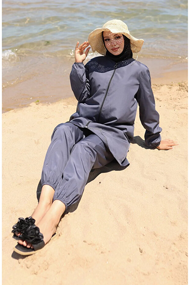Beach Zippered Hijab Swimsuit with Bonnet Gift 9003-01 Smoked