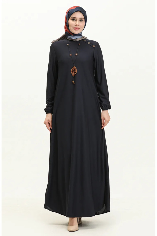 Button detailed necklace dress 4141-10 navy blue