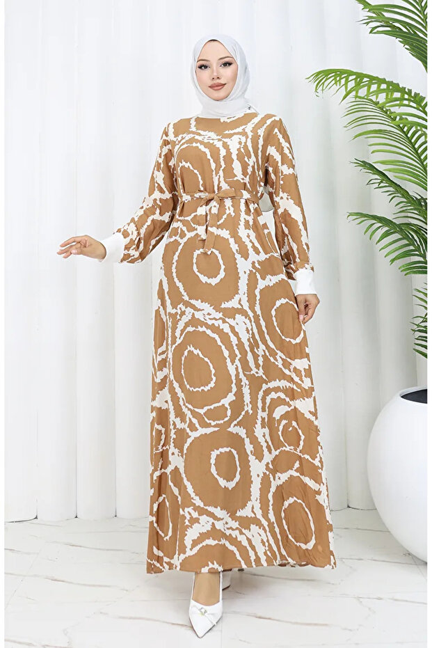 Ribbed detailed belted viscose dress 0447-02 mink