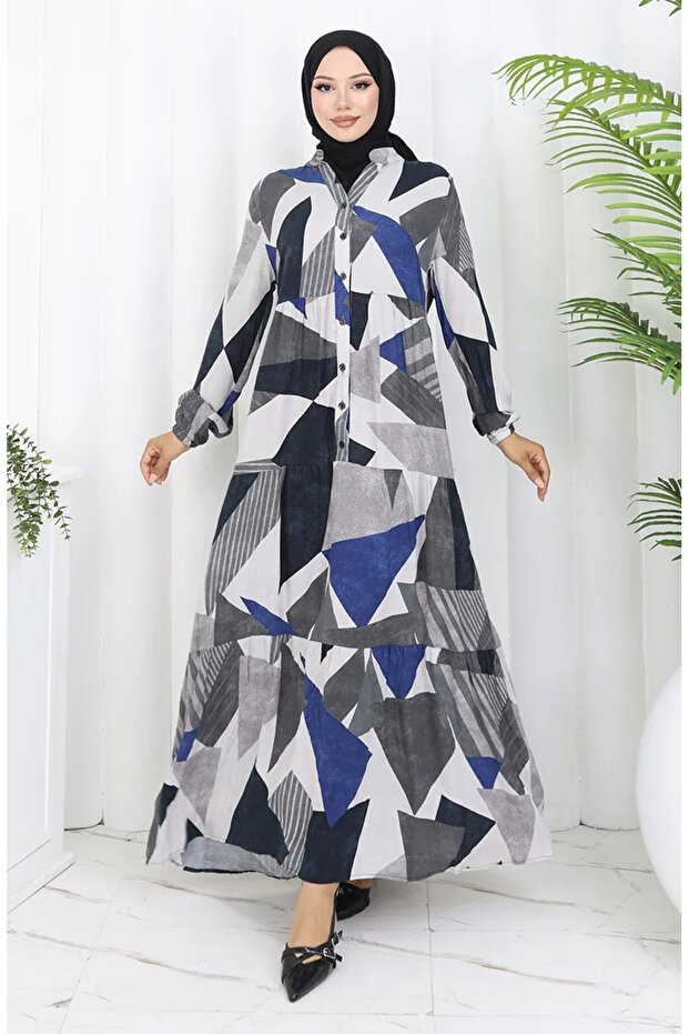 Half button patterned dress 5580-02 gray