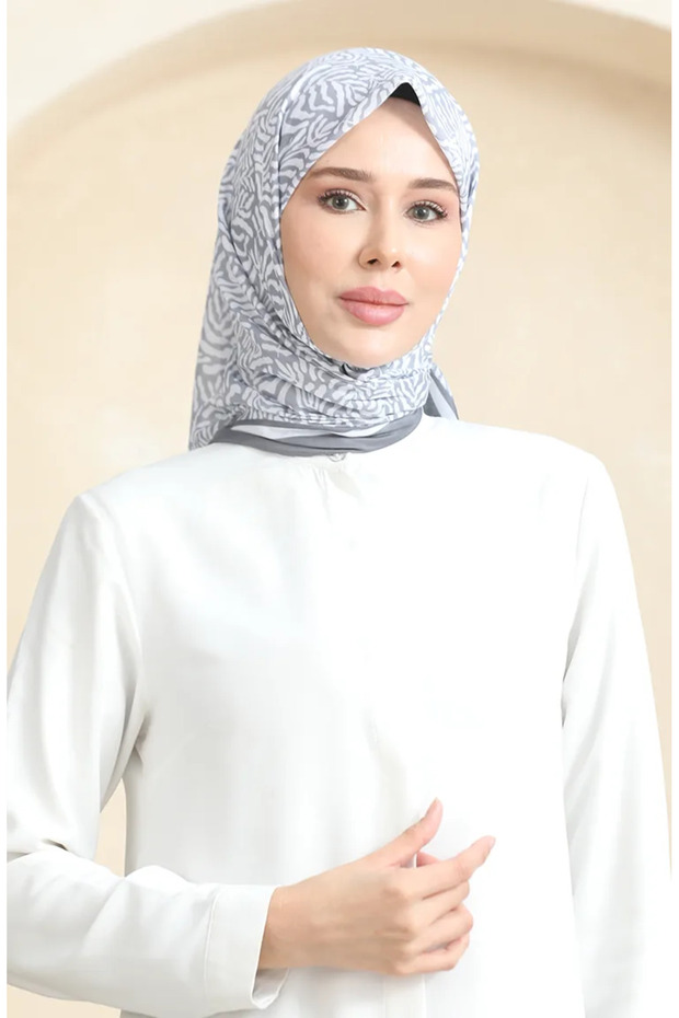 وشاح ناعم منقوش 70244-05 رمادي أبيض